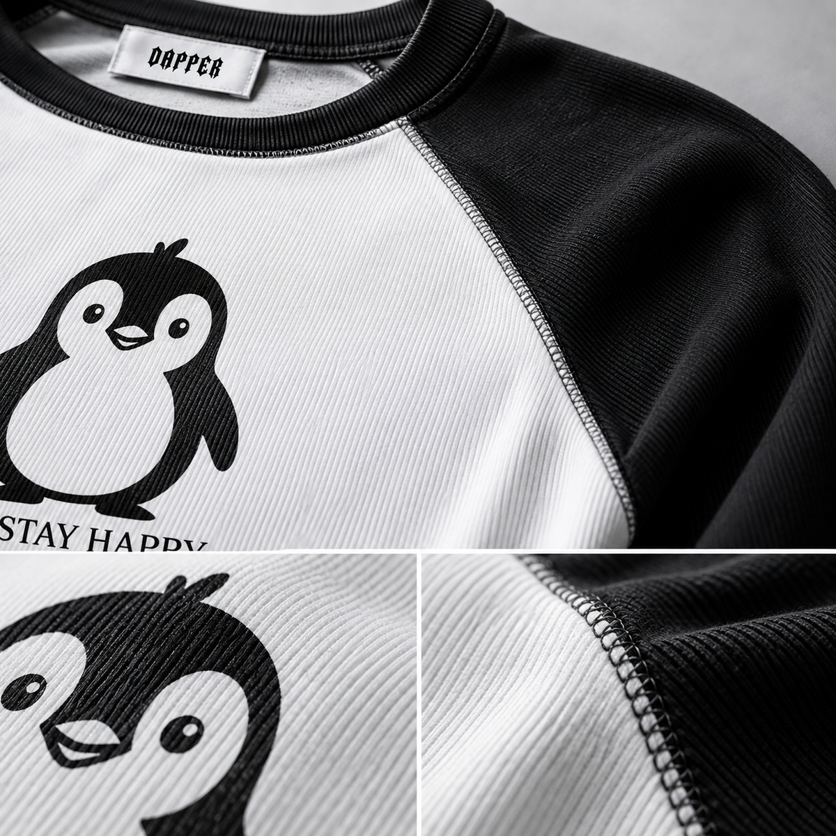 Stay Happy Long Sleeve Crop Tee – White/Black