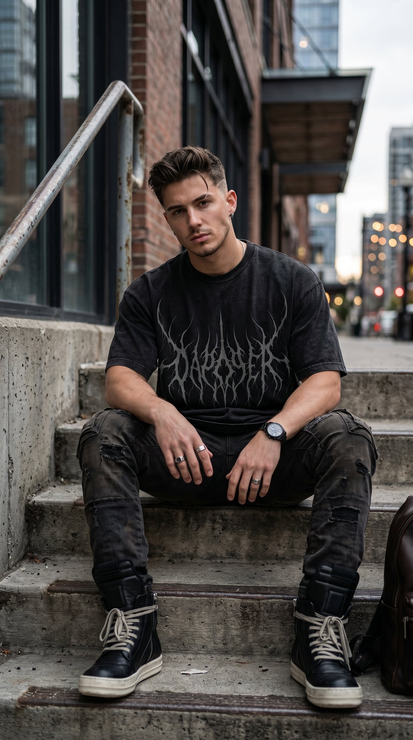 Dapper Shadow Gothic Oversized Tee – Black