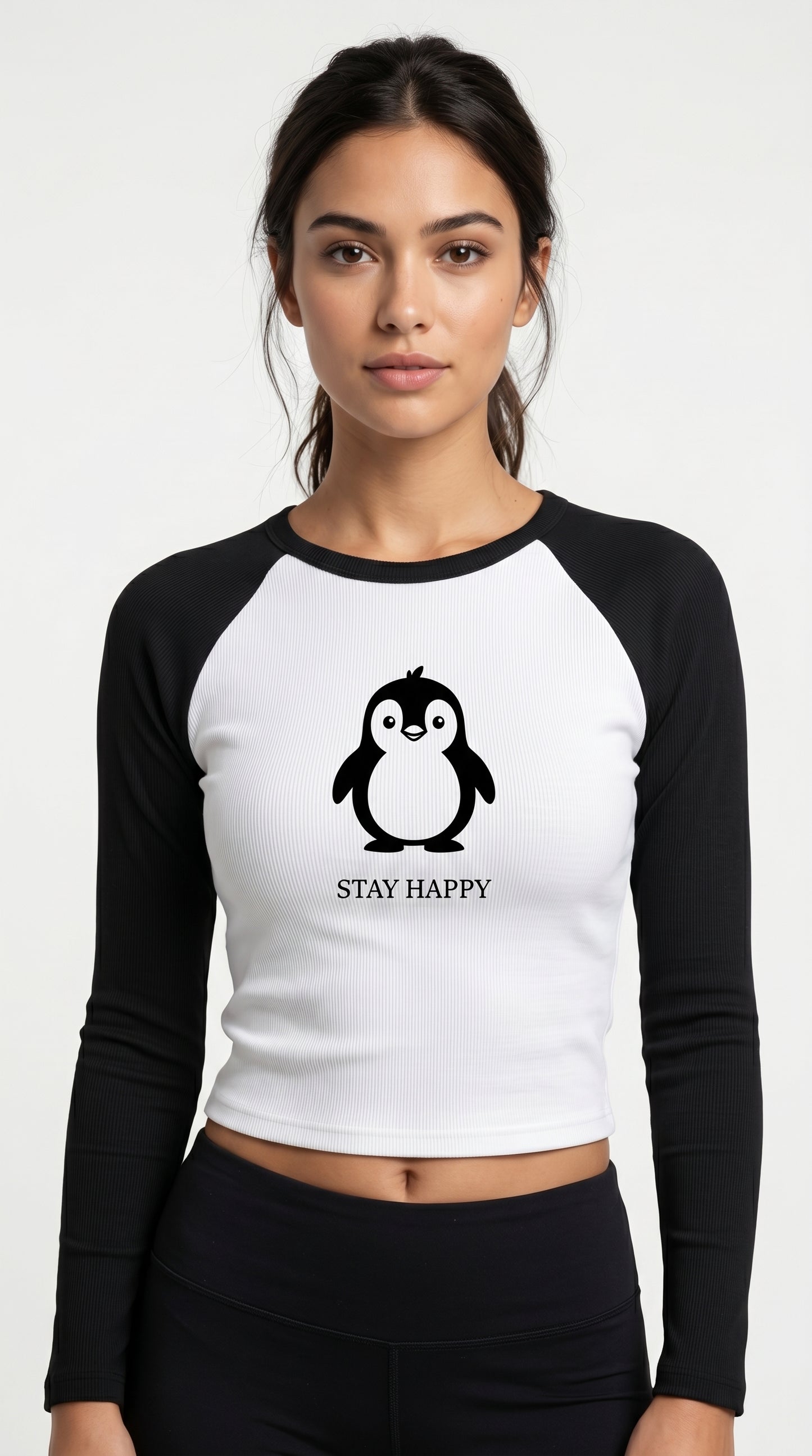 Stay Happy Long Sleeve Crop Tee – White/Black