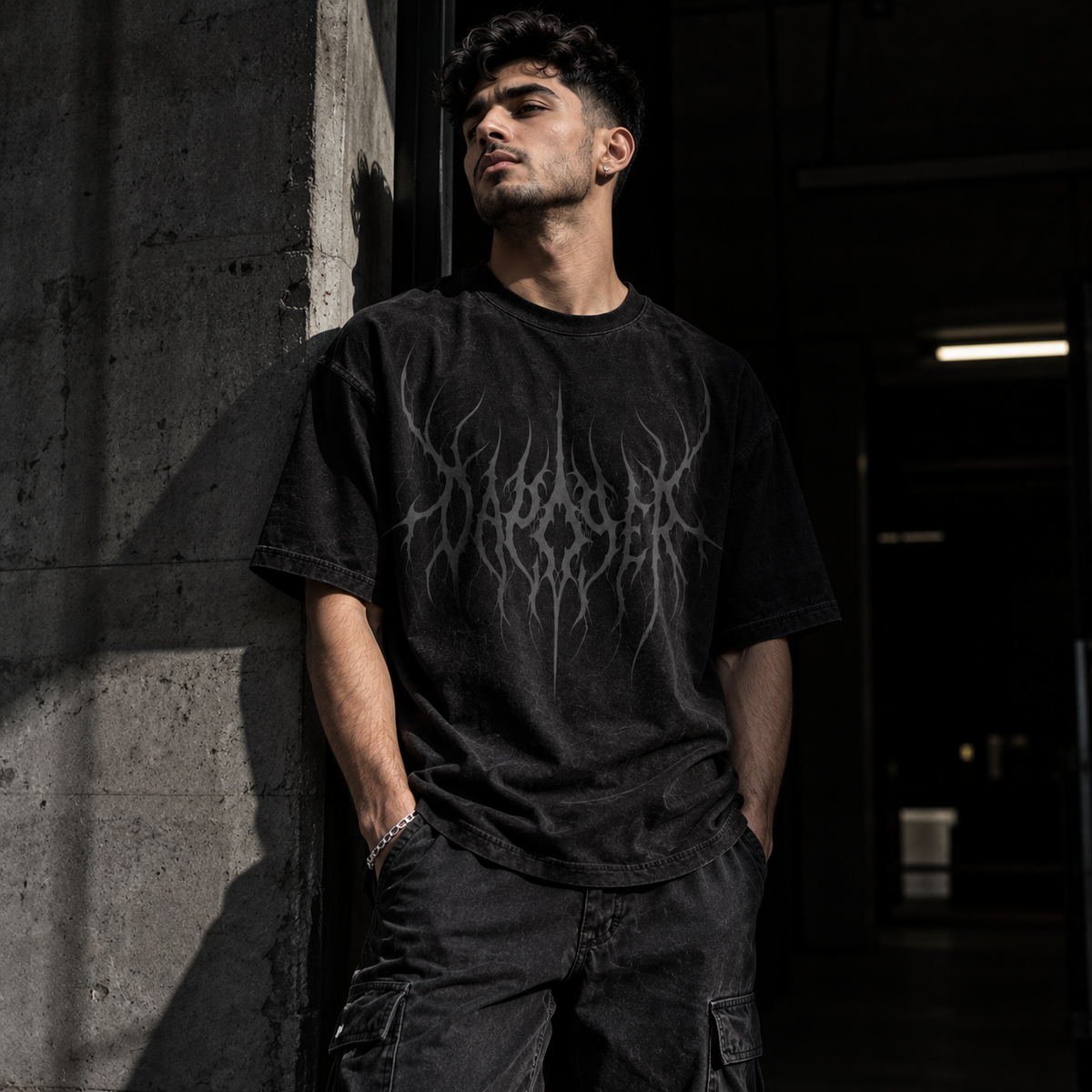 Dapper Shadow Gothic Oversized Tee – Black