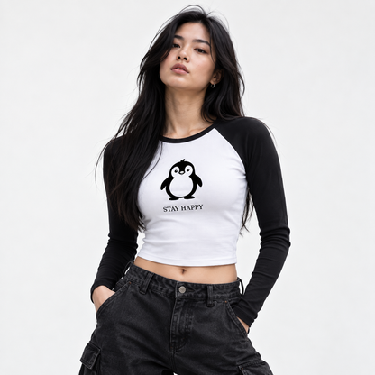 Stay Happy Long Sleeve Crop Tee – White/Black