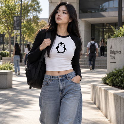 Stay Happy Long Sleeve Crop Tee – White/Black