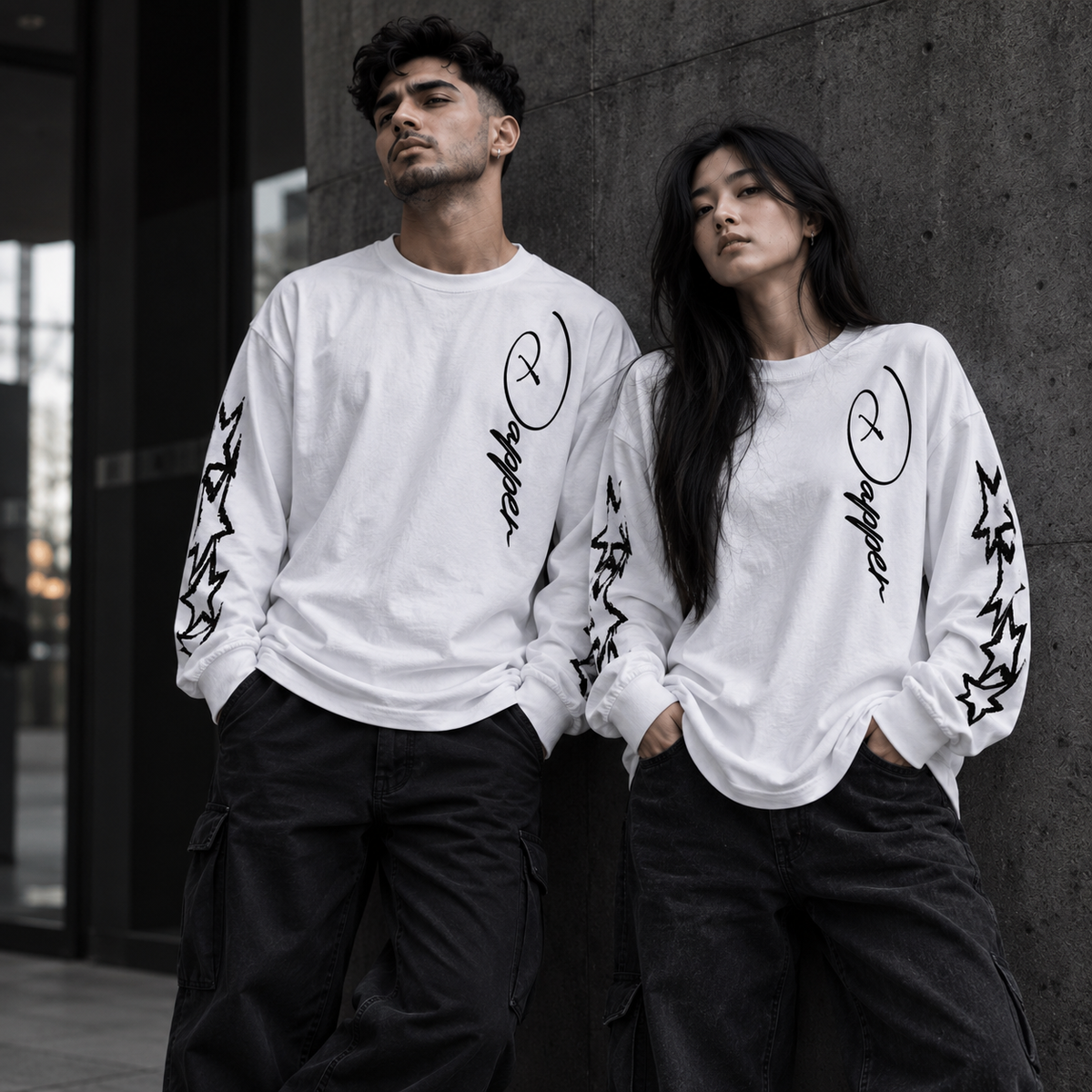 Oversized Unisex White Dapper Star Long Sleeve T-Shirt