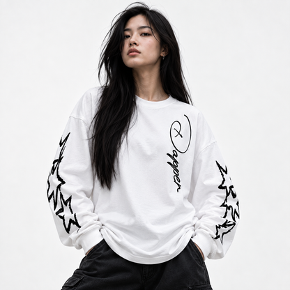 Oversized Unisex White Dapper Star Long Sleeve T-Shirt
