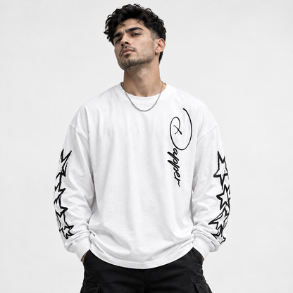 Oversized Unisex White Dapper Star Long Sleeve T-Shirt