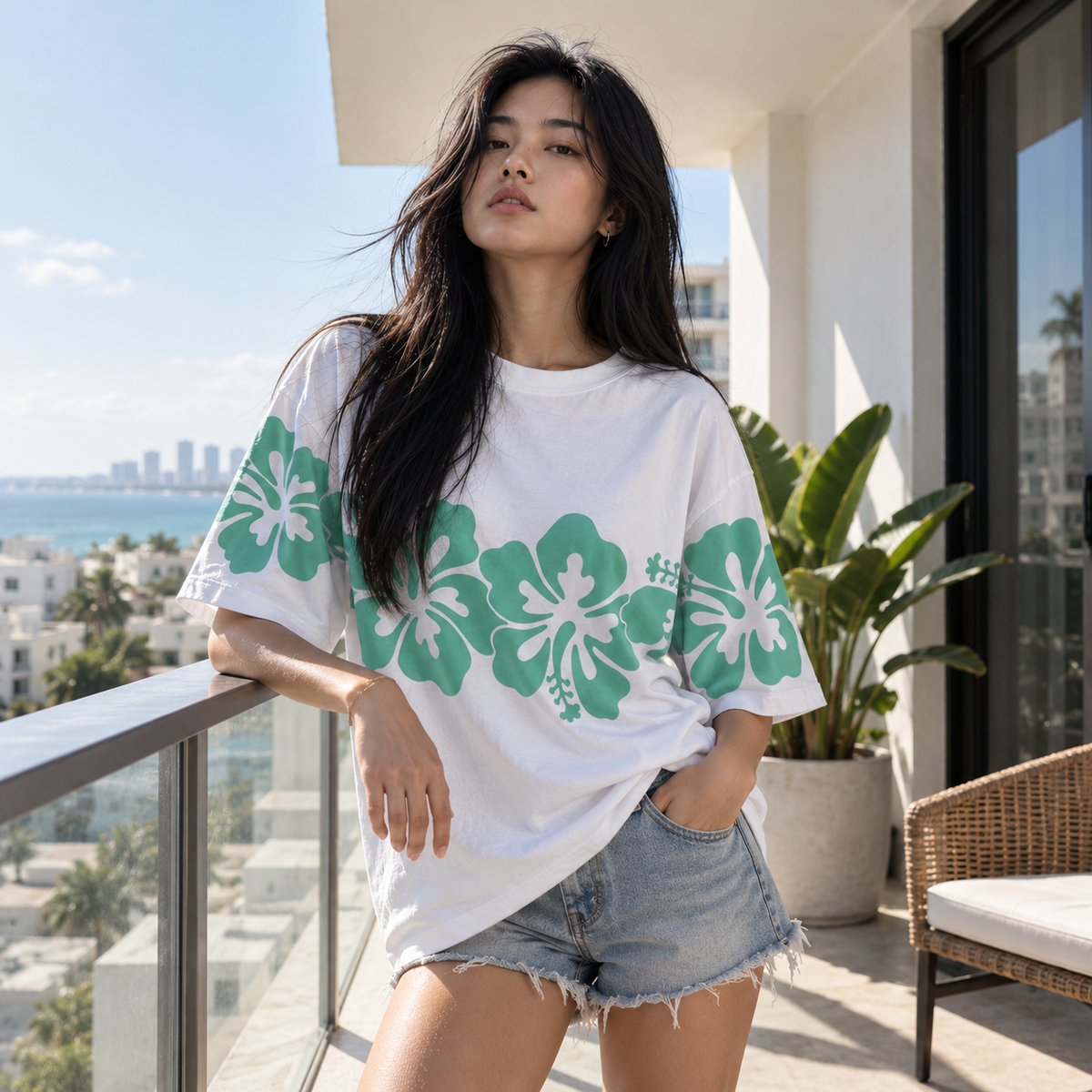 Dapper Tropical Bloom Oversized Tee – White