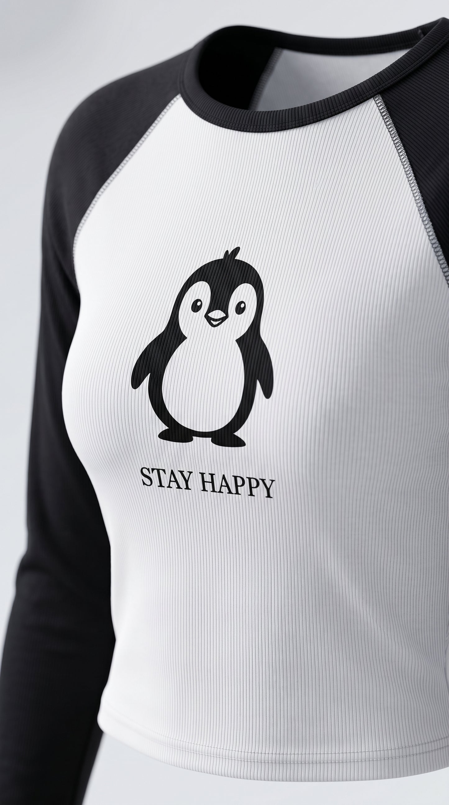 Stay Happy Long Sleeve Crop Tee – White/Black