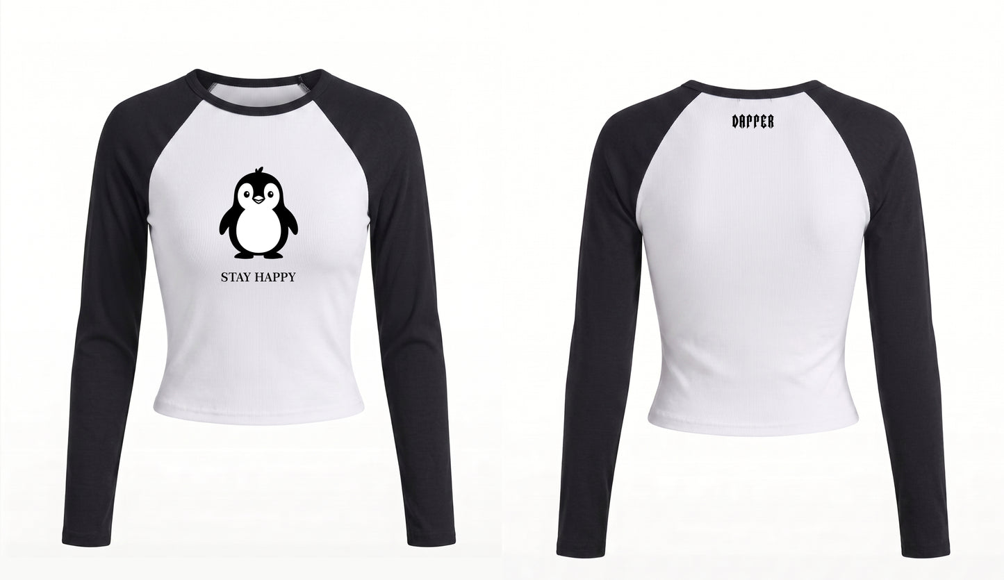 Stay Happy Long Sleeve Crop Tee – White/Black