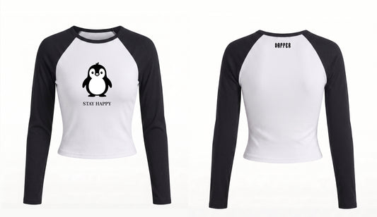Stay Happy Long Sleeve Crop Tee – White/Black
