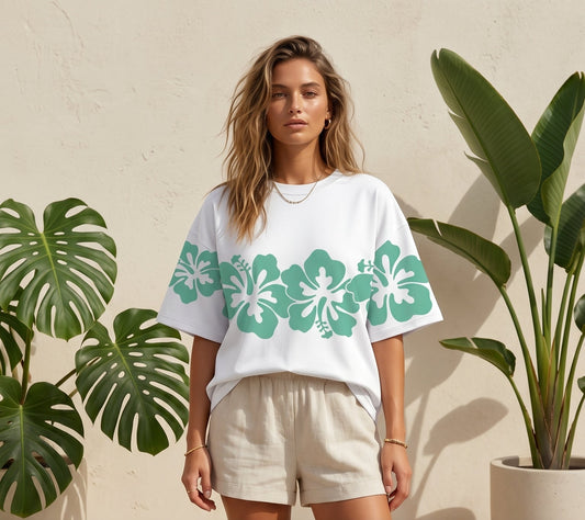 Dapper Tropical Bloom Oversized Tee – White