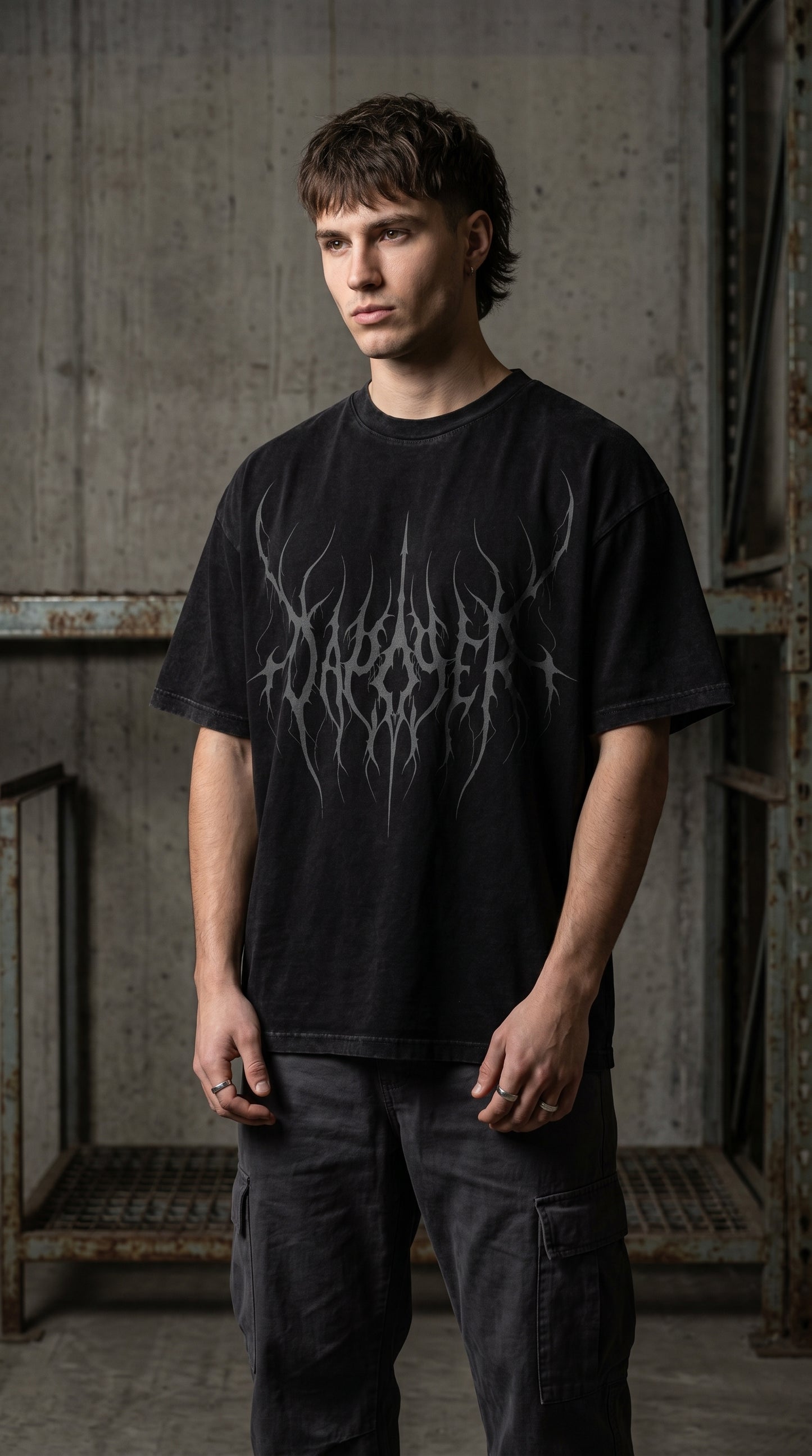 Dapper Shadow Gothic Oversized Tee – Black